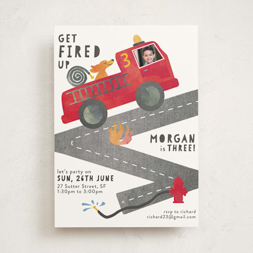 This is a ruby kids birthday invitations with standard by Kanika Mathur called little fireman printing on signature in standard