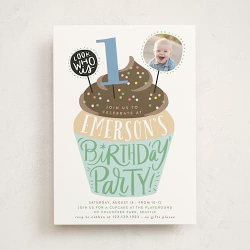 This is a turquoise kids birthday invitations with standard by Alethea and Ruth called cupcake topper printing on signature in standard