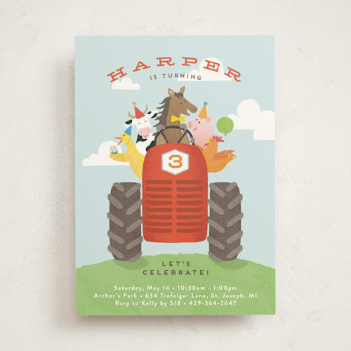 This is a robin’s egg kids birthday invitations with standard by Jennifer Wick called farm animal friends printing on signature in standard