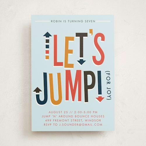 This is a sky kids birthday invitations with standard by Ellis called jump house printing on signature in standard