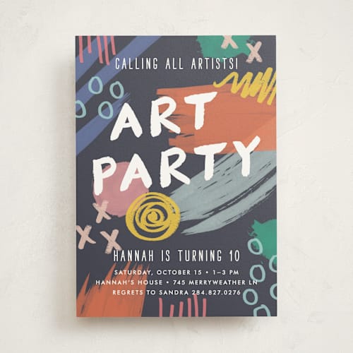 This is a midnight kids birthday invitations with standard by Amber Barkley called art party printing on signature in standard
