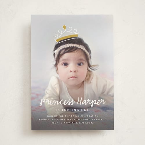 This is a gold kids birthday invitations with standard by Lehan Veenker called princess crown doodle printing on signature in standard