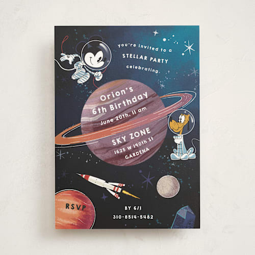 This is a midnight kids birthday invitations with standard by Becky Nimoy called mickey and pluto in space printing on signature in standard