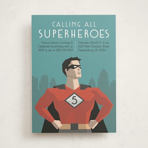 This is a fire kids birthday invitations with standard by Jessica Prout called calling all superheroes printing on signature in standard