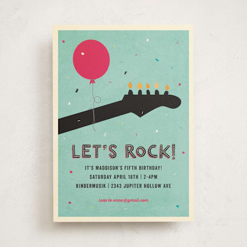 This is a robin's egg kids birthday invitations with standard by Rebecca Bowen called rock on printing on signature in standard