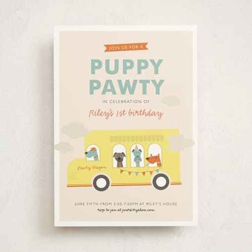 This is a sky kids birthday invitations with standard by Bethany Anderson called puppy pawty printing on signature in standard