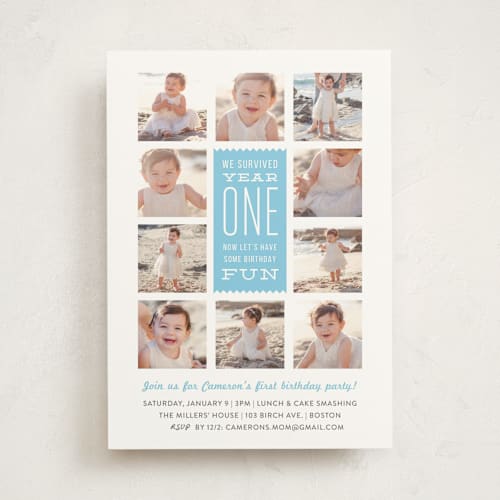 This is a sky kids birthday invitations with standard by Carolyn MacLaren called we survived year one printing on signature in standard