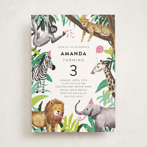 This is a dragon fruit kids birthday invitations with standard by Cass Loh called jungle party printing on signature in standard