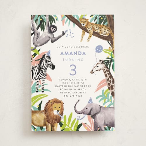 This is a lilac kids birthday invitations with standard by Cass Loh called jungle party printing on signature in standard