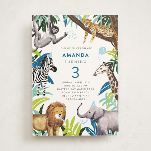 This is a denim kids birthday invitations with standard by Cass Loh called jungle party printing on signature in standard