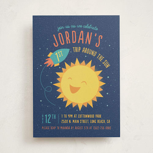This is a midnight kids birthday invitations with standard by Cat Caudillo called around the sun printing on signature in standard