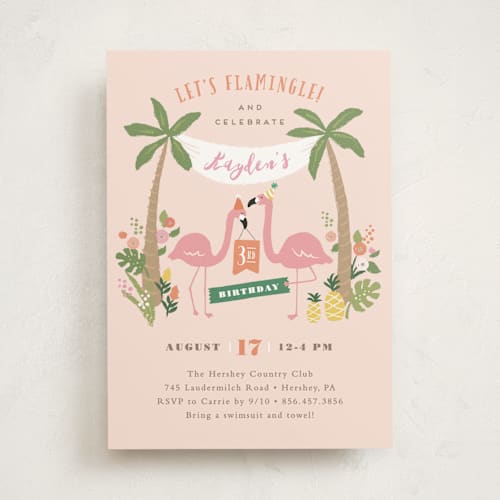 This is a cotton candy kids birthday invitations with standard by Jennifer Wick called let's flamingle! printing on signature in standard