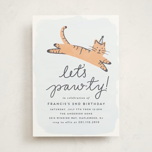 This is a apricot kids birthday invitations with standard by Everett Paper Goods called pawty cat printing on signature in standard