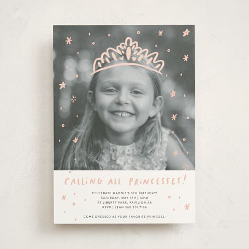 This is a blush kids birthday invitations with standard by Half Pint Studio called calling all princesses printing on signature in standard