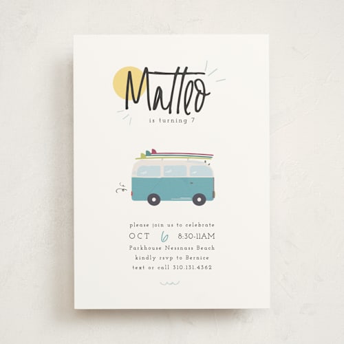 This is a blue skies kids birthday invitations with standard by Maggie Maeve called surfer's dream beach bash printing on signature in standard