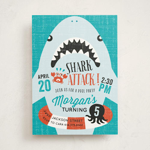 This is a pool kids birthday invitations with standard by iamtanya called shark attack pool party printing on signature in standard