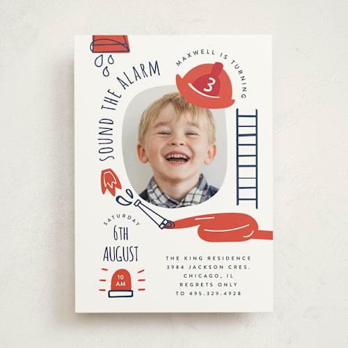 This is a firetruck kids birthday invitations with standard by Corinne Malesic called little fire fighter printing on signature in standard