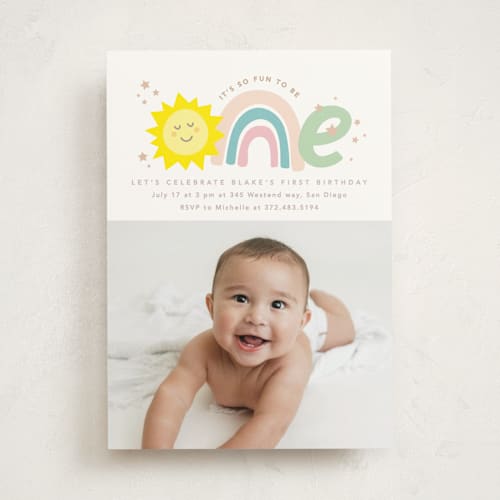 This is a rainbow kids birthday invitations with standard by Creo Study called so fun to be one printing on signature in standard