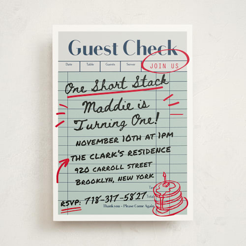 This is a mint kids birthday invitations with standard by Jennifer Lew called guest check printing on signature in standard