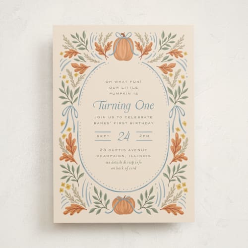 This is a cornflower kids birthday invitations with standard by Laura Hankins called pumpkins + bows printing on signature in standard