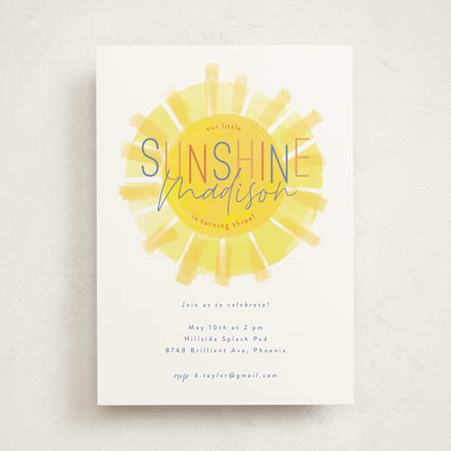 This is a marshmallow kids birthday invitations with standard by Rebecca Durflinger called little sunshine printing on signature in standard