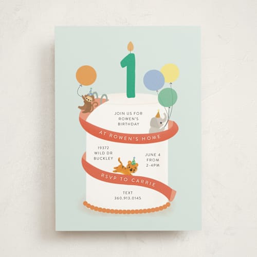 This is a aqua kids birthday invitations with standard by Itsy Belle Studio called party animal cake printing on signature in standard