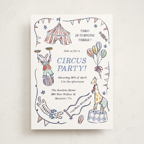 This is a sky kids birthday invitations with standard by Pati Cascino called circus day printing on signature in standard