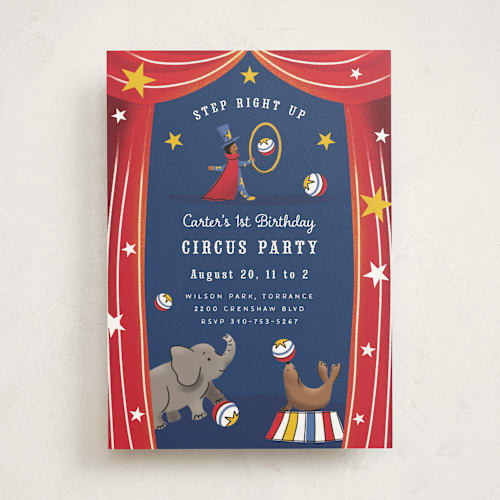 This is a scarlet kids birthday invitations with standard by Becky Nimoy called circus printing on signature in standard