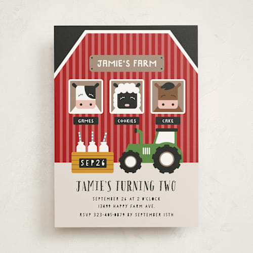 This is a barn kids birthday invitations with standard by iamtanya called happy farm printing on signature in standard