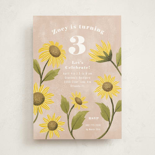This is a blush kids birthday invitations with standard by Pati Cascino called sunflower party printing on signature in standard