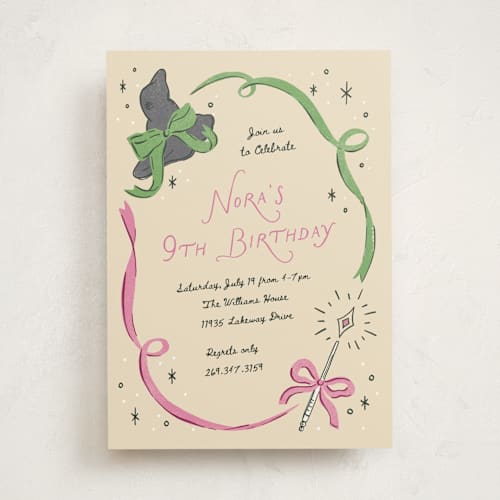 This is a butter kids birthday invitations with standard by Pixel and Hank called spellbound printing on signature in standard