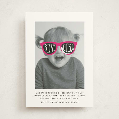 This is a fuchsia kids birthday invitations with standard by Baumbirdy called birthday girl shades printing on signature in standard