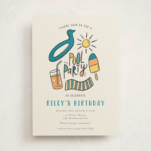 This is a poolside kids birthday invitations with standard by Kristen Knechtel called it's a pool party printing on signature in standard