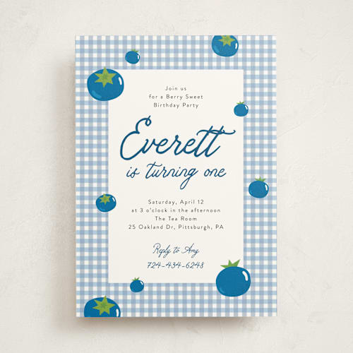 This is a blueberry kids birthday invitations with standard by Sarah Hawkins Designs called berry sweet printing on signature in standard
