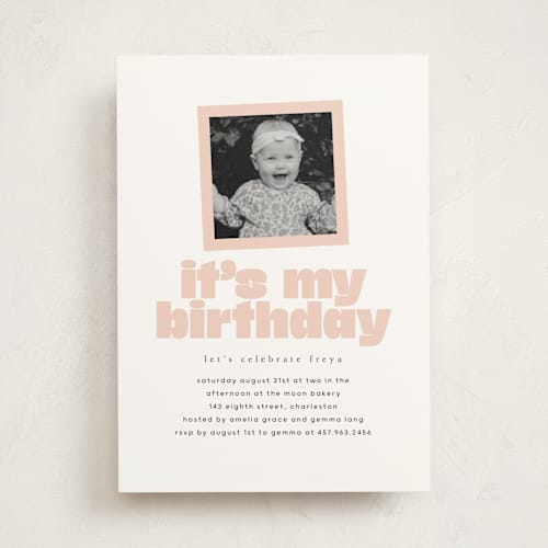 This is a peony kids birthday invitations with standard by Lori Wemple called birthday photo printing on signature in standard
