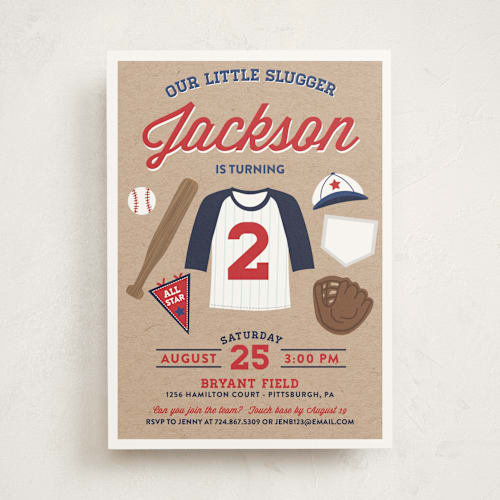 This is a patriotic kids birthday invitations with standard by One Swell Studio called little slugger printing on signature in standard