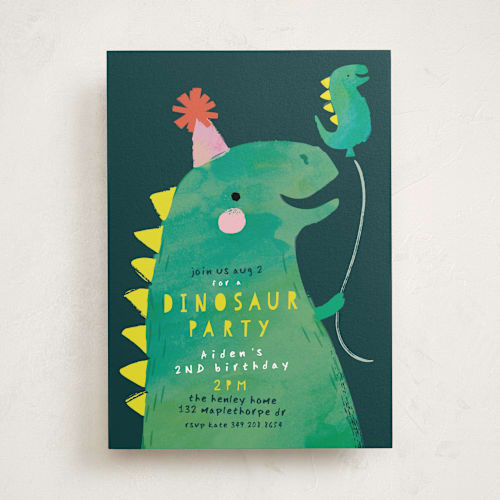 This is a teal kids birthday invitations with standard by Lori Wemple called dinosaur balloon printing on signature in standard