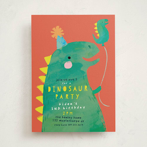 This is a cantaloupe kids birthday invitations with standard by Lori Wemple called dinosaur balloon printing on signature in standard