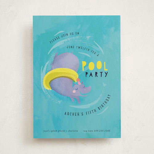 This is a wave kids birthday invitations with standard by Lori Wemple called animal pool party printing on signature in standard