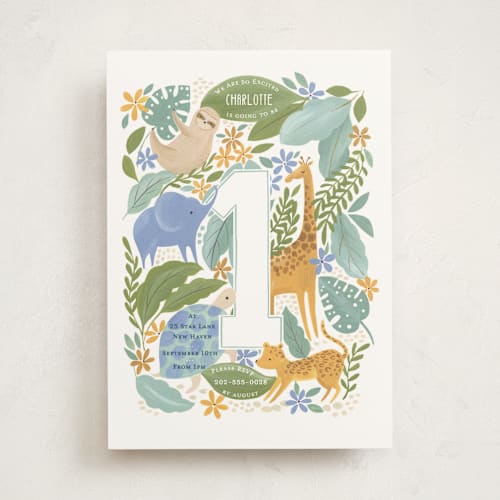 This is a jungle leaf kids birthday invitations with standard by Sarah Knight called jungle hang outs printing on signature in standard