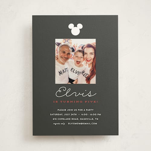 This is a cobblestone kids birthday invitations with standard by Sara Hicks Malone called disney's mickey party printing on signature in standard