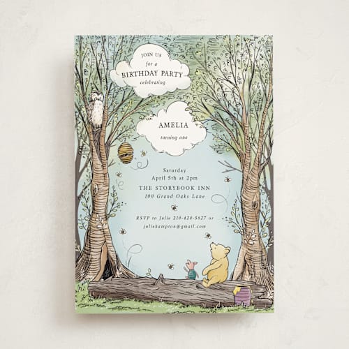 This is a sky kids birthday invitations with standard by Becky Nimoy called disney's winnie the pooh in the wood printing on signature in standard