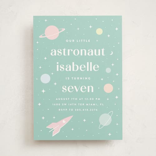 This is a mint kids birthday invitations with standard by Maria Alou called little retro astronaut printing on signature in standard