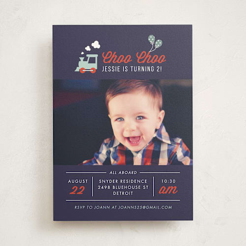 This is a denim kids birthday invitations with standard by Corinne Malesic called party train printing on signature in standard