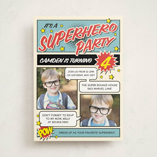 This is a steel kids birthday invitations with standard by Nam Bourassa called superhero birthday party printing on signature in standard