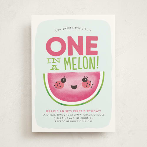 This is a watermelon kids birthday invitations with standard by Itsy Belle Studio called one in a melon printing on signature in standard