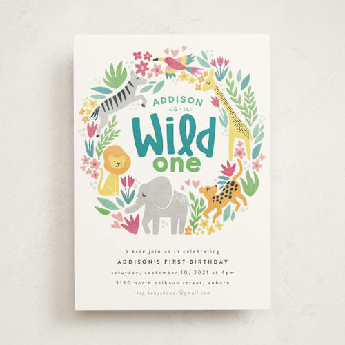 This is a fuchsia kids birthday invitations with standard by Jessie Steury called jungle fun printing on signature in standard