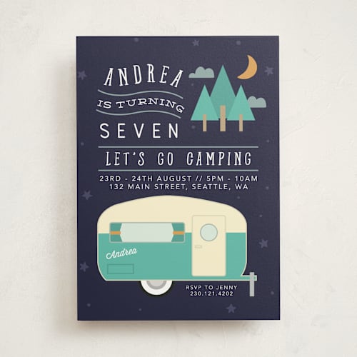This is a midnight kids birthday invitations with standard by Hudson meet Rose called retro camper printing on signature in standard