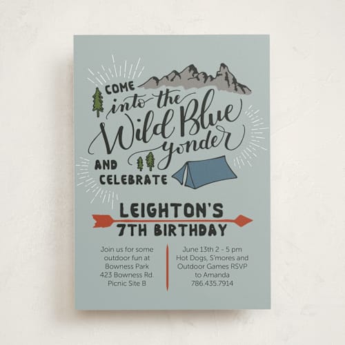 This is a cornflower kids birthday invitations with standard by Emily Skinner called wild blue yonder printing on signature in standard