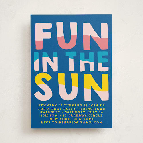 This is a carribean kids birthday invitations with standard by Baumbirdy called fun sun printing on signature in standard